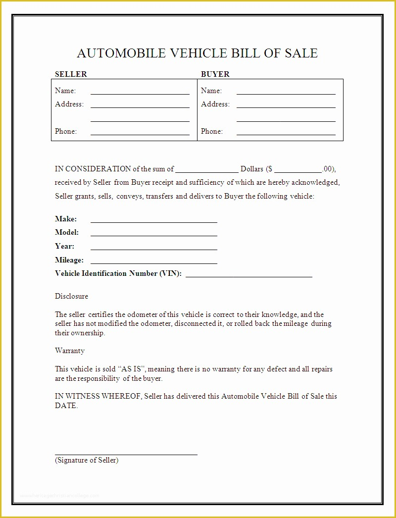 Auto Bill Of Sale Template Free Of Free Printable Car Bill Of Sale Form 