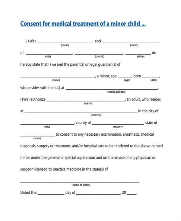 Basic Printable Medical Consent Form For Minor Printable Forms Free 