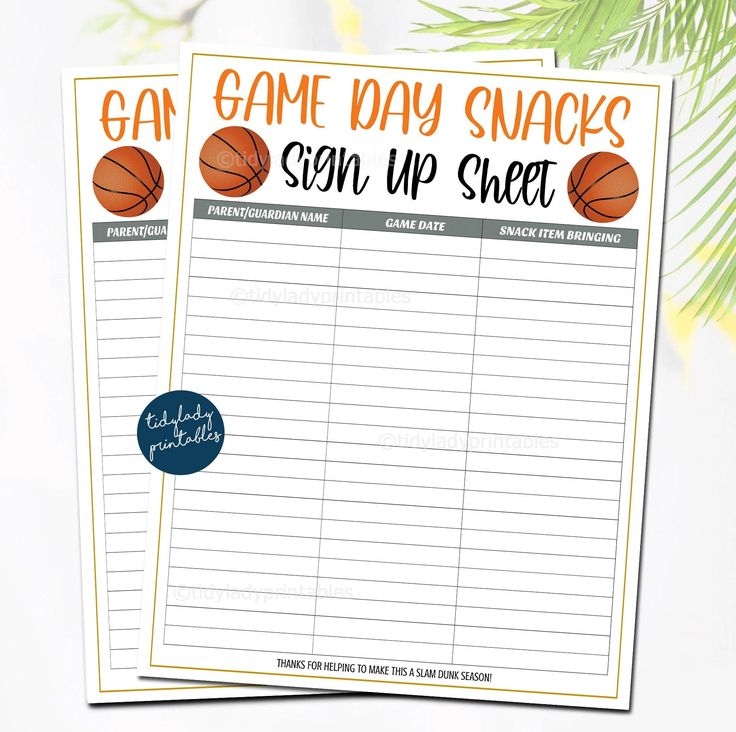Basketball Snack Volunteer Sheet Basketball Printable Snack Sign Up 