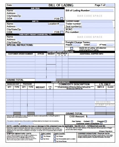 Bill Of Lading Printable Form Printable Forms Free Online