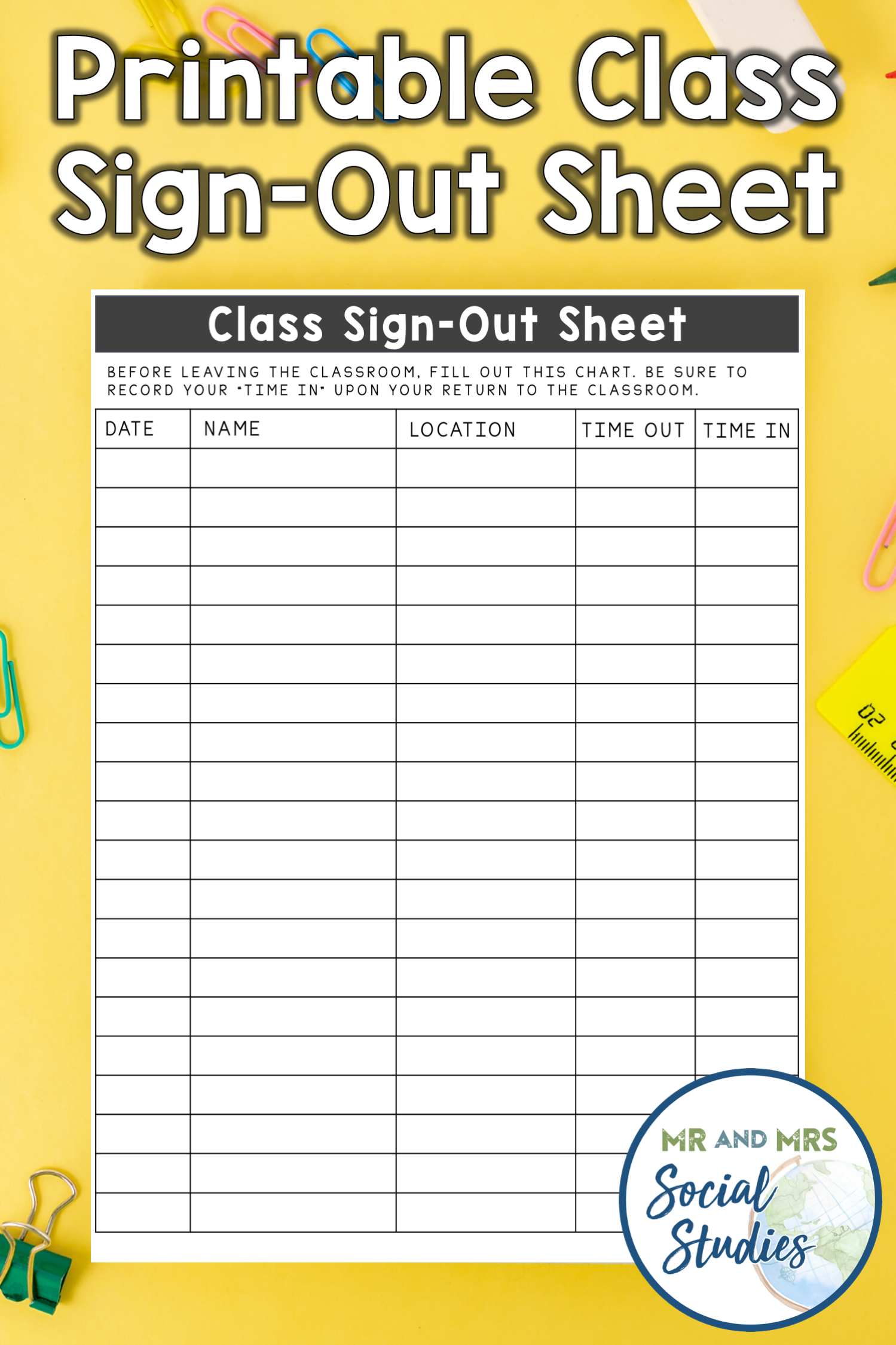 Class Sign Out Sheet Bathroom Or Classroom Sign Out Sheet Middle