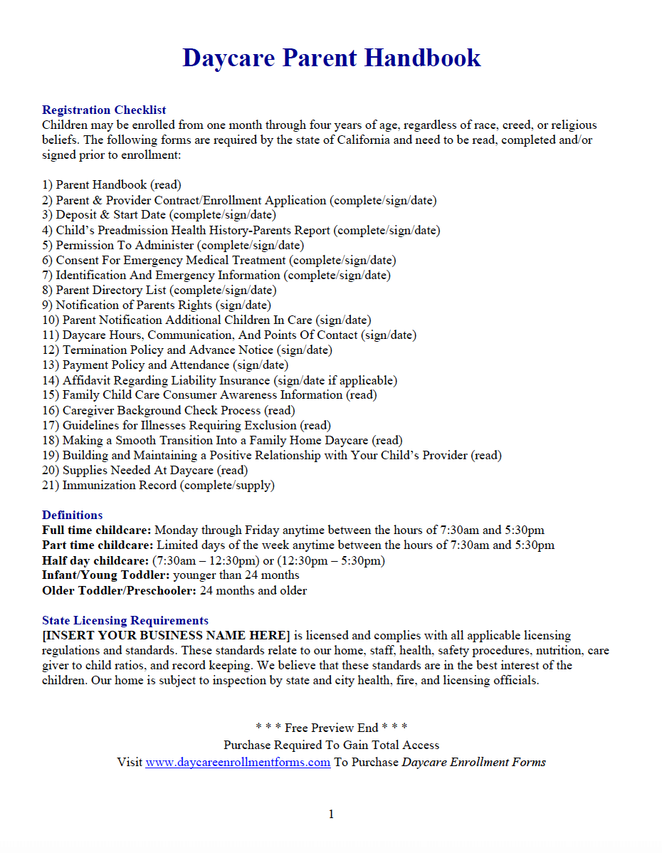 Daycare Enrollment Forms Child Care Registration Forms Templates 