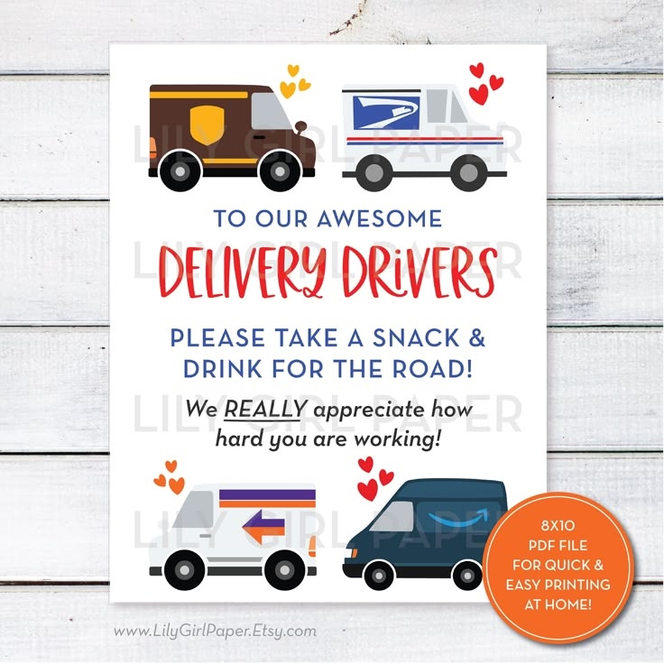Delivery Driver Snack Drink Sign Mail Carrier Packages Essential 
