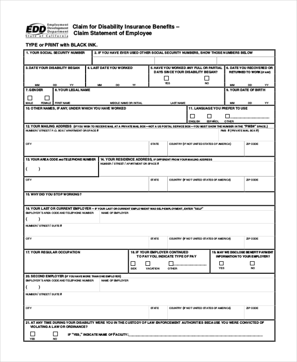 Edd Printable Disability Form Pdf Printable Forms Free Online