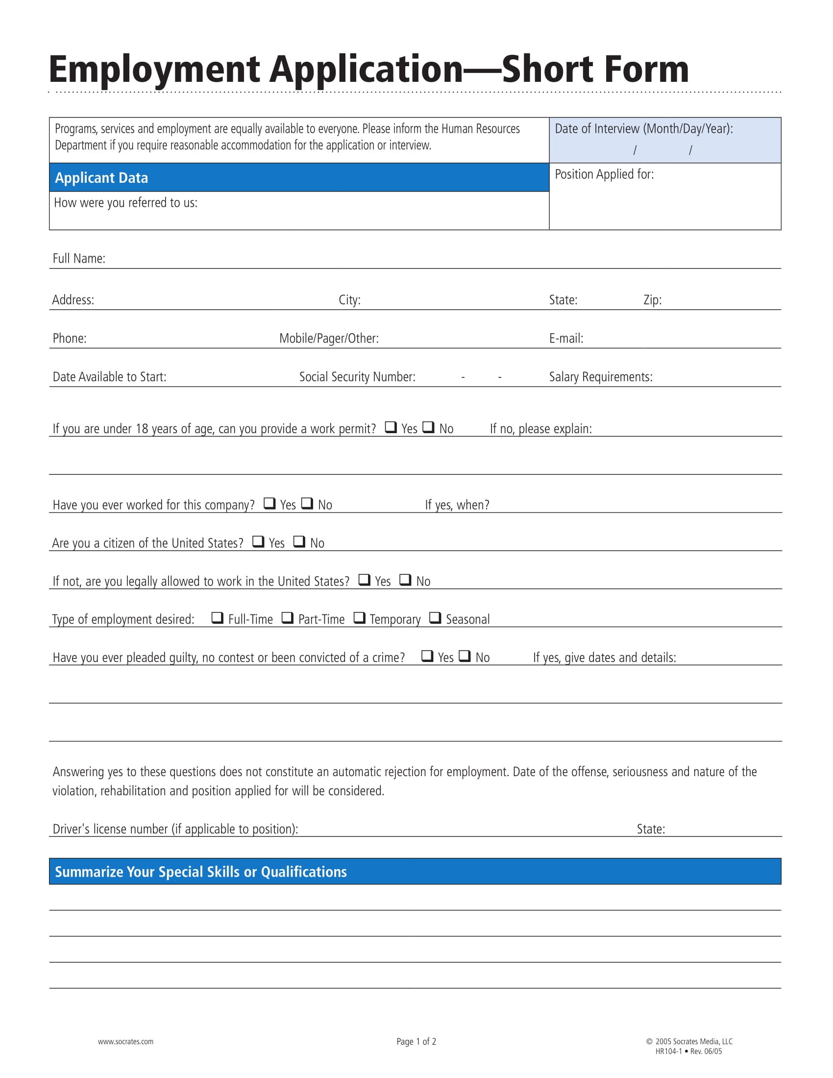 Employment Application Form Printable Printable Forms Free Online