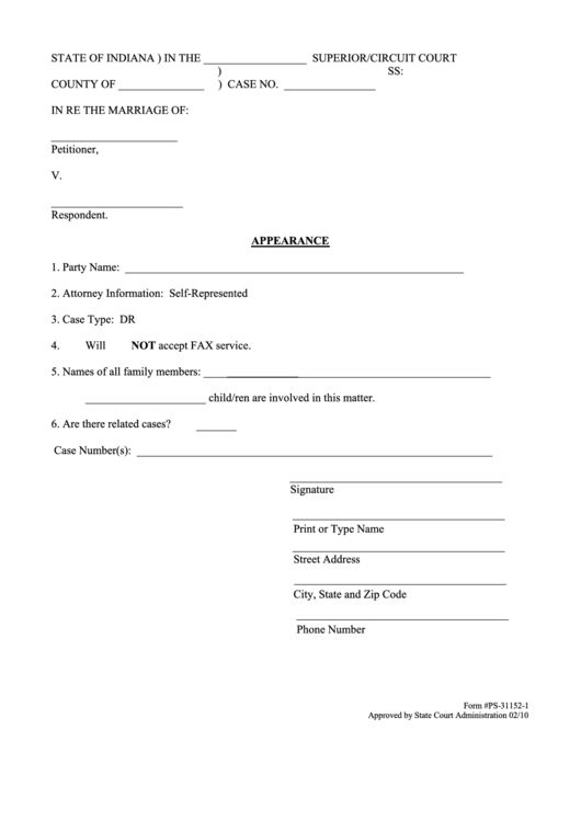 Fillable Appearance Indiana Court Forms Printable Pdf Download