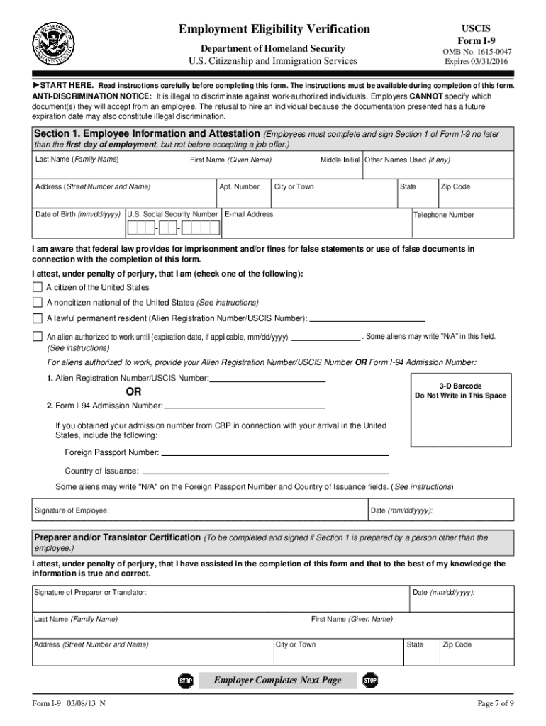 Form Form I 9 Blank Printable Printable Forms Free Online
