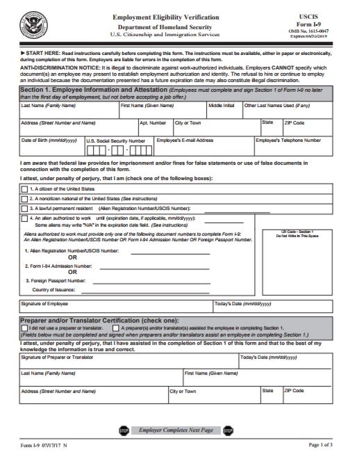 Form I 9 Employment Eligibility Verification Printable Printable 