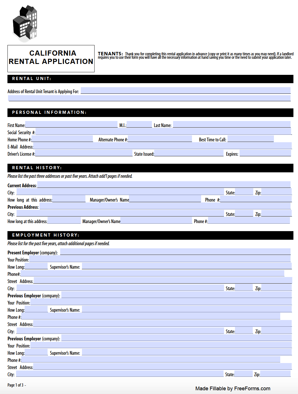 Free California Residential Rental Application Form PDF Worksheets 