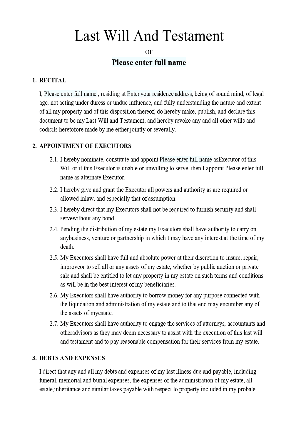 Free Last Will And Testament Form Printable PDF Word 49 OFF