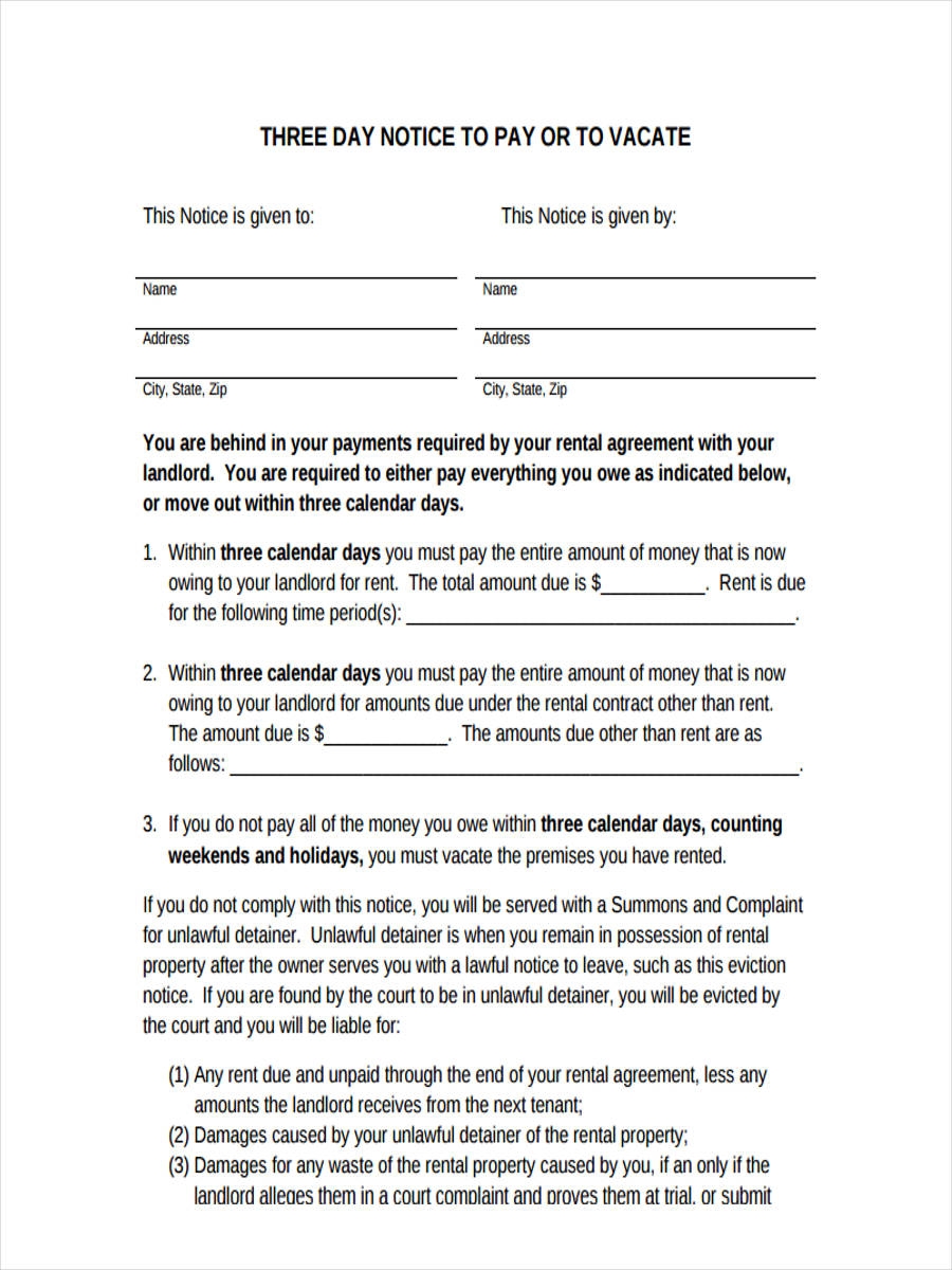 Free Printable 3 Day Notice To Vacate Form Printable Forms Free Online