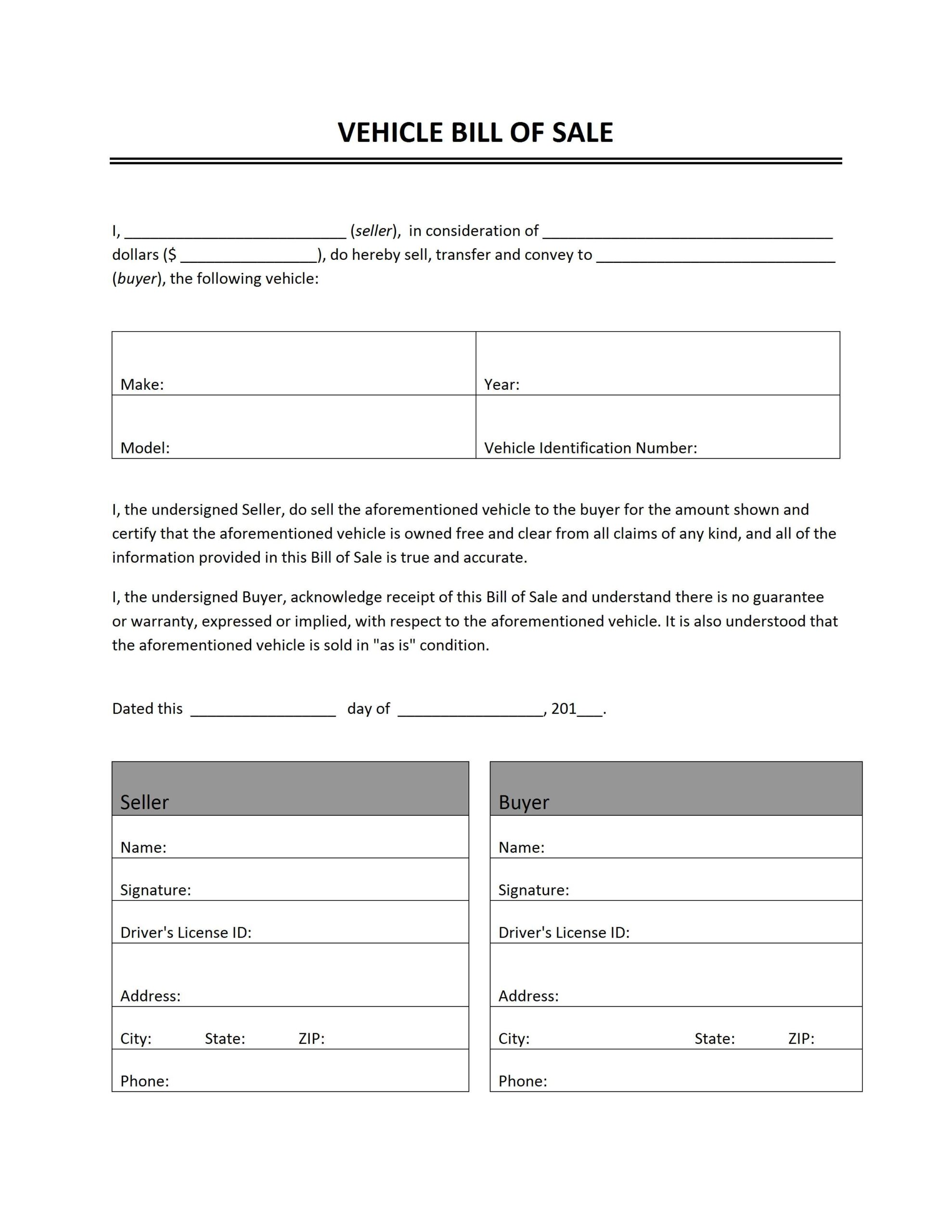 Free Printable Auto Bill Of Sale Form GENERIC 