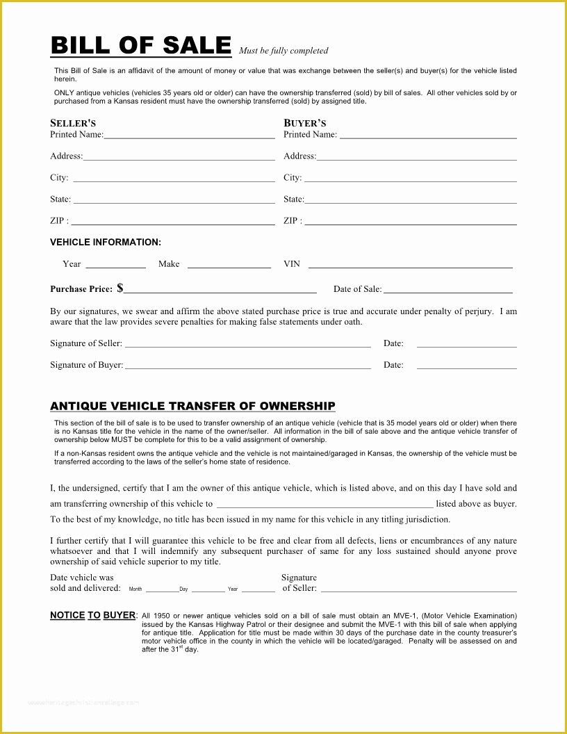 Free Printable Automobile Bill Of Sale Template Of Free Kansas Vehicle 