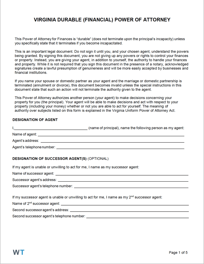 Free Printable Blank Durable Power Of Attorney Form For Virginia 