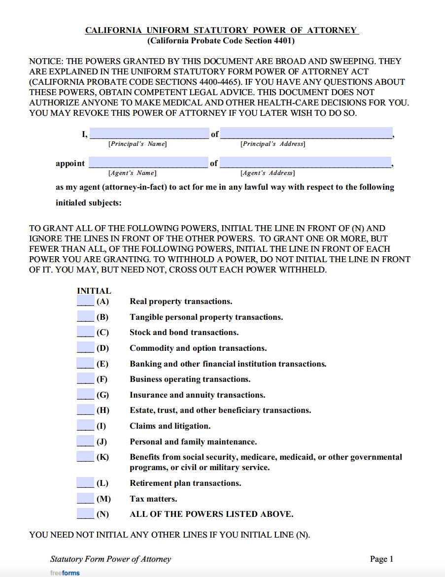 Free Printable California Durable Power Of Attorney Form Printable 