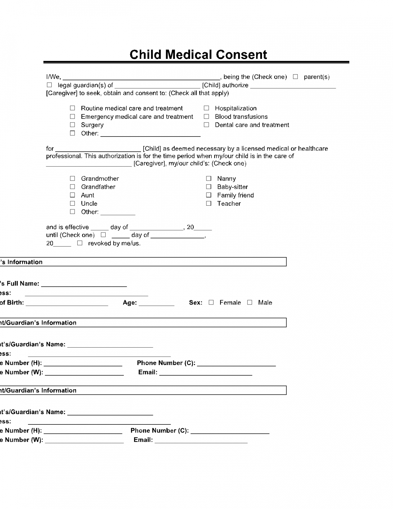 Free Printable Child Medical Consent Form For Grandparents FREE 