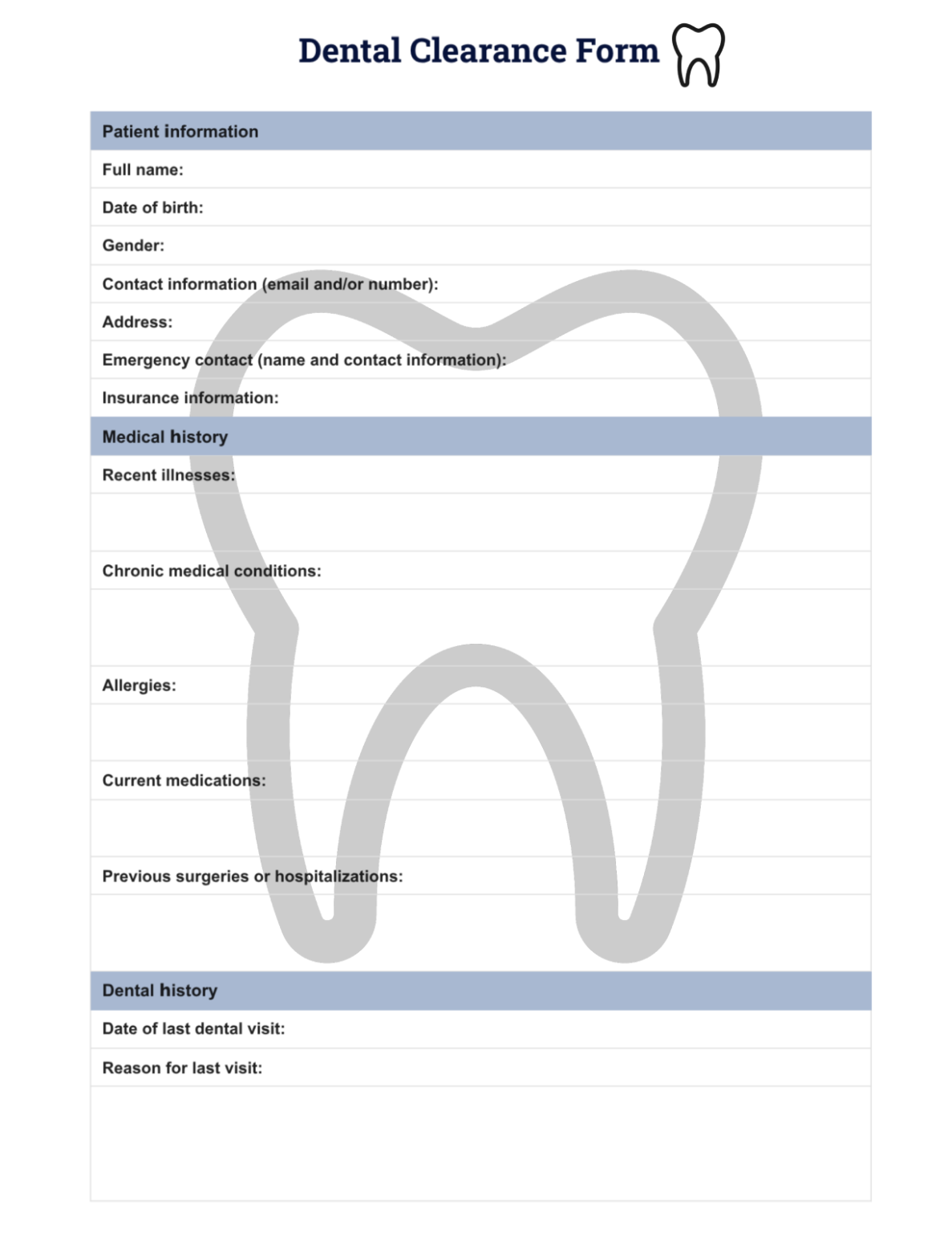 Free Printable Dental Clearance Form Template Printerfriendly