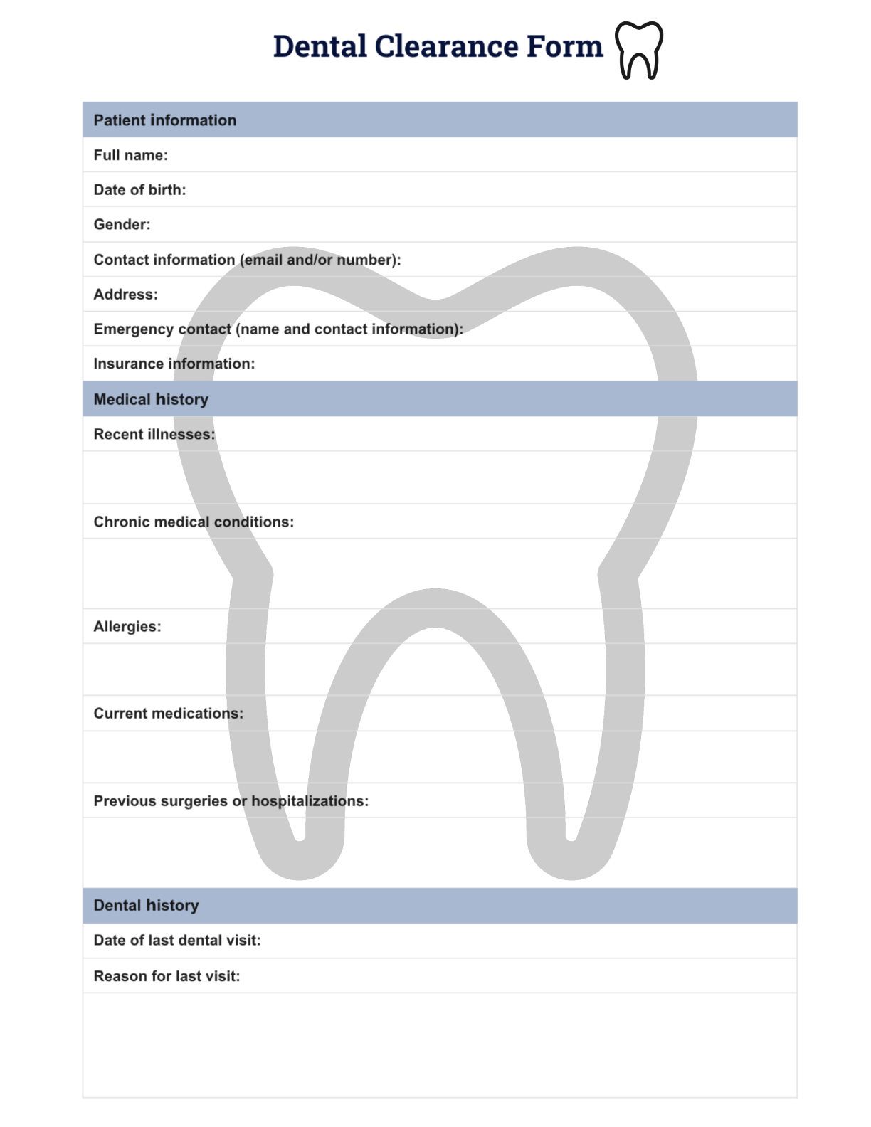 Free Printable Dental Clearance Form Template Printerfriendly