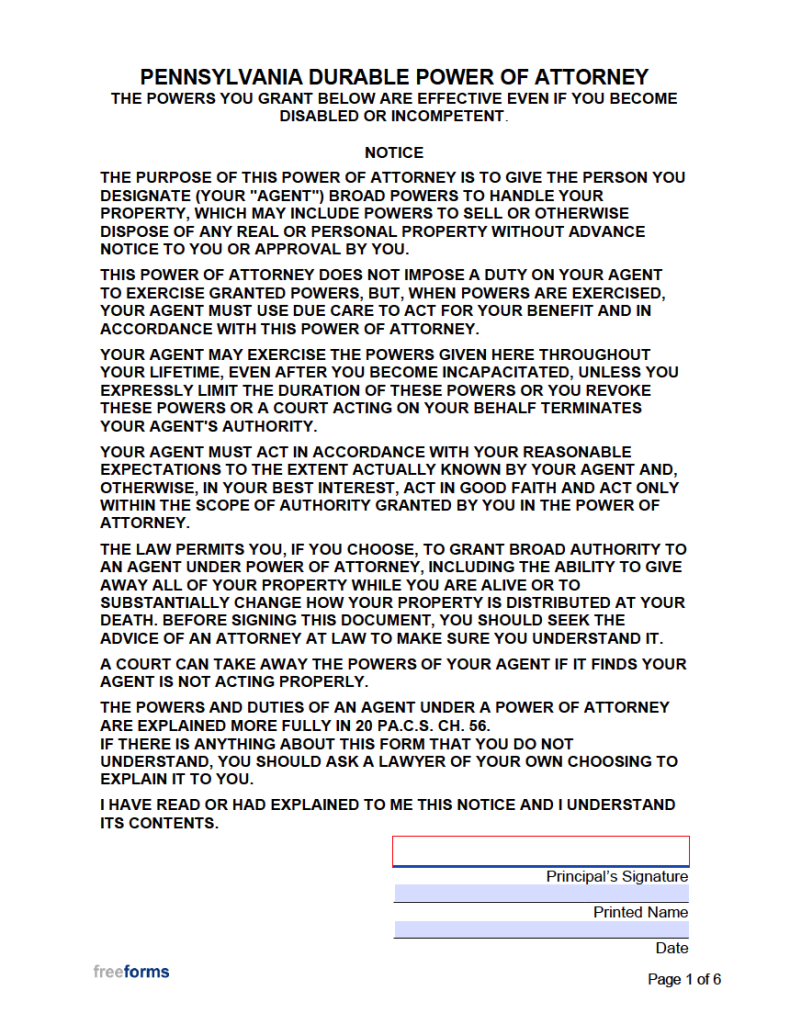 Free Printable Durable Power Of Attorney Form Pa Printable Forms Free 