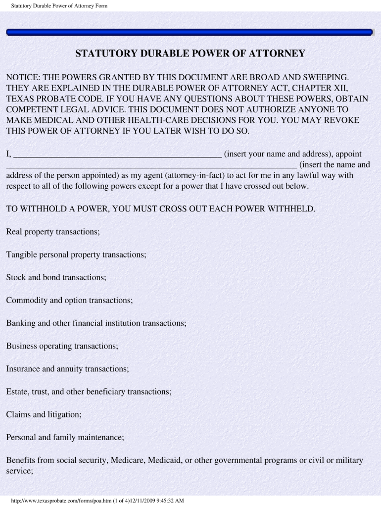 Free Printable Durable Power Of Attorney Form Texas Printable Forms 