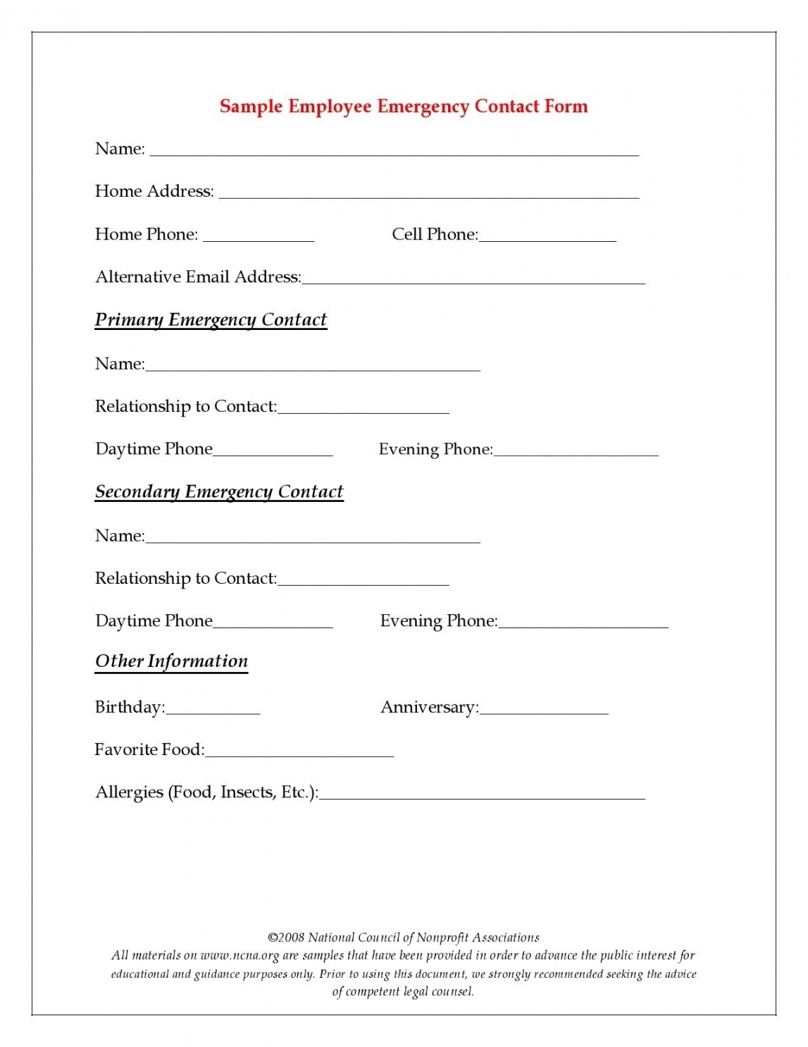 Free Printable Emergency Contact Form FREE Printable HQ