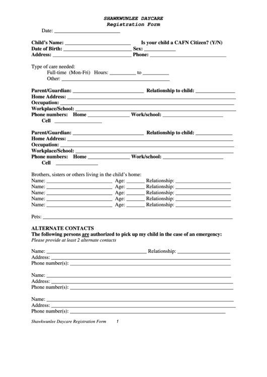 Free Printable Enrollment Forms For Daycare Printable Forms Free Online