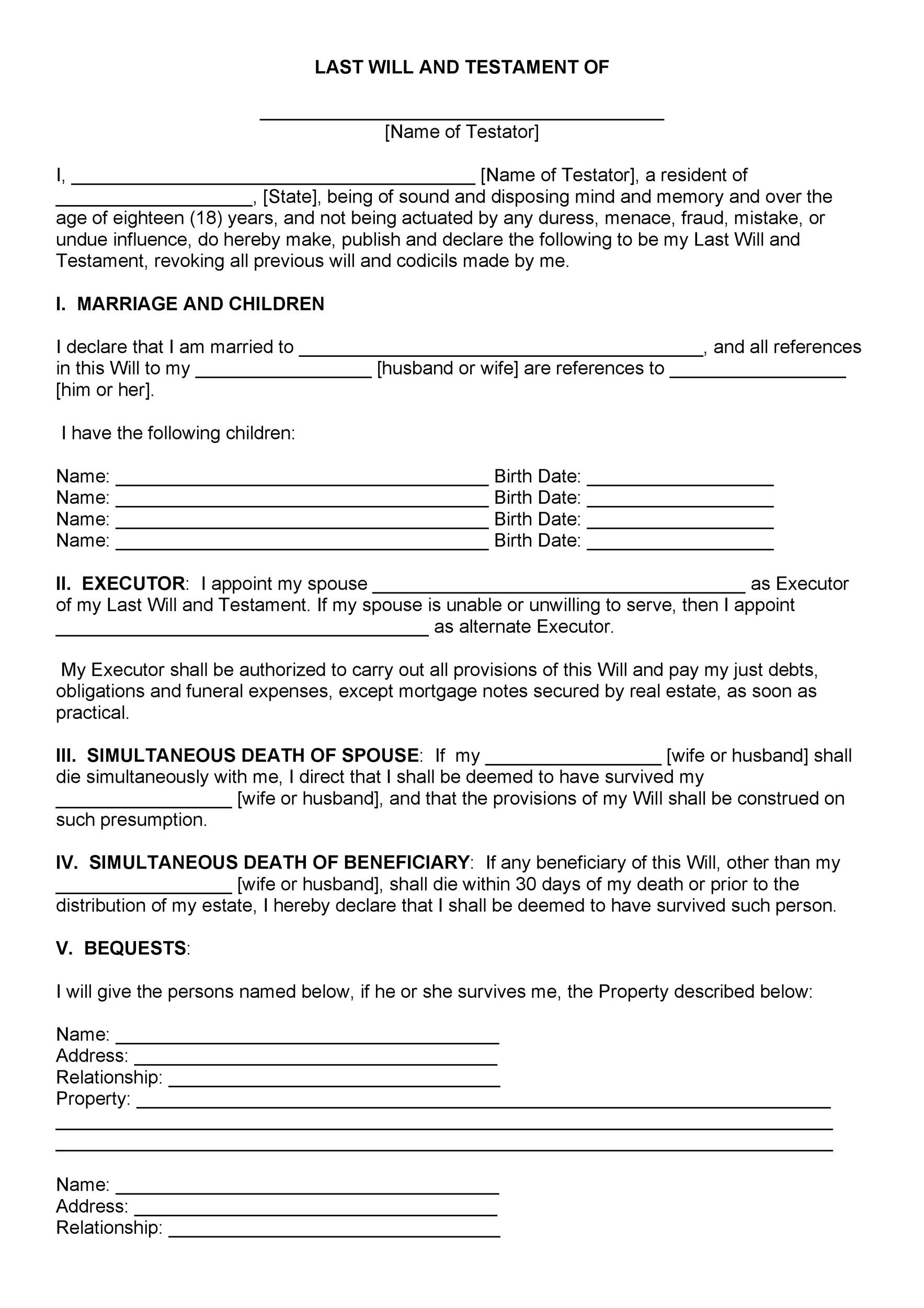 Free Printable Last Will And Testament Blank Forms Florida Printable 