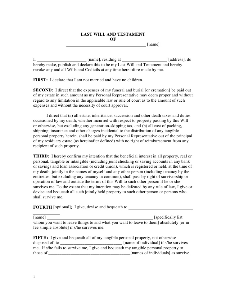 Free Printable Last Will And Testament Form GENERIC