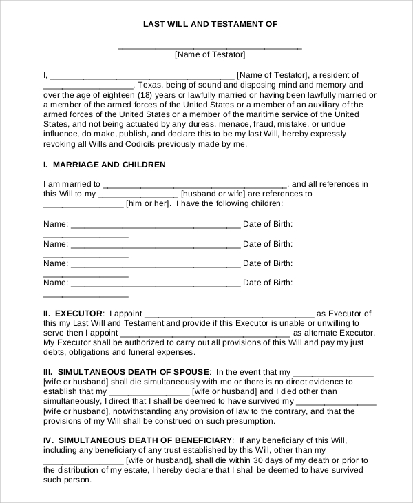 Free Printable Last Will Testament Blank Forms Printable Forms Free 