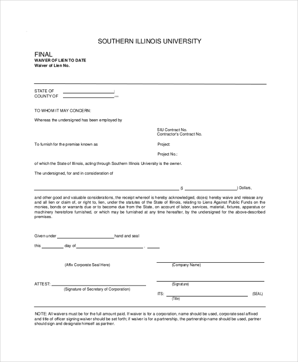 Free Printable Lien Waiver Form Free Printable Lien Waiver Form