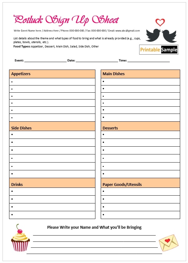 FREE Printable Potluck Sign Up Sheet Editable 51 OFF
