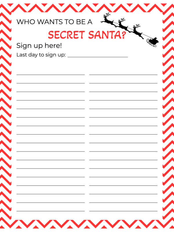 Free Printable Red Stripe Style Secret Santa Sign Up Sheet Template InkPx
