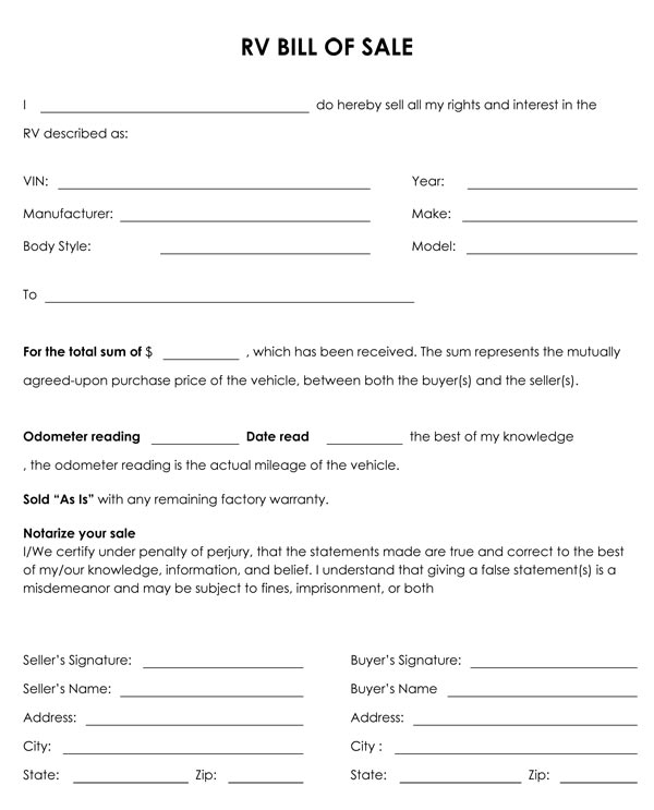 Free Printable Rv Bill Of Sale Form Form GENERIC 