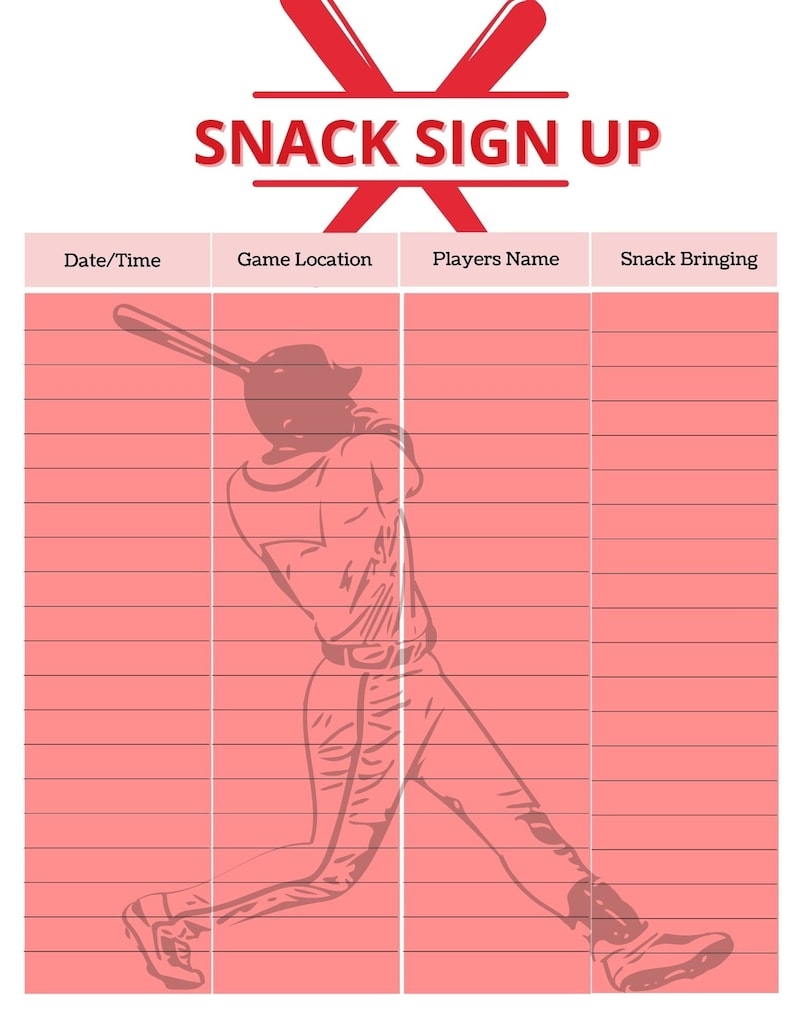 Free Printable Snack Sign Up Sheet Baseball