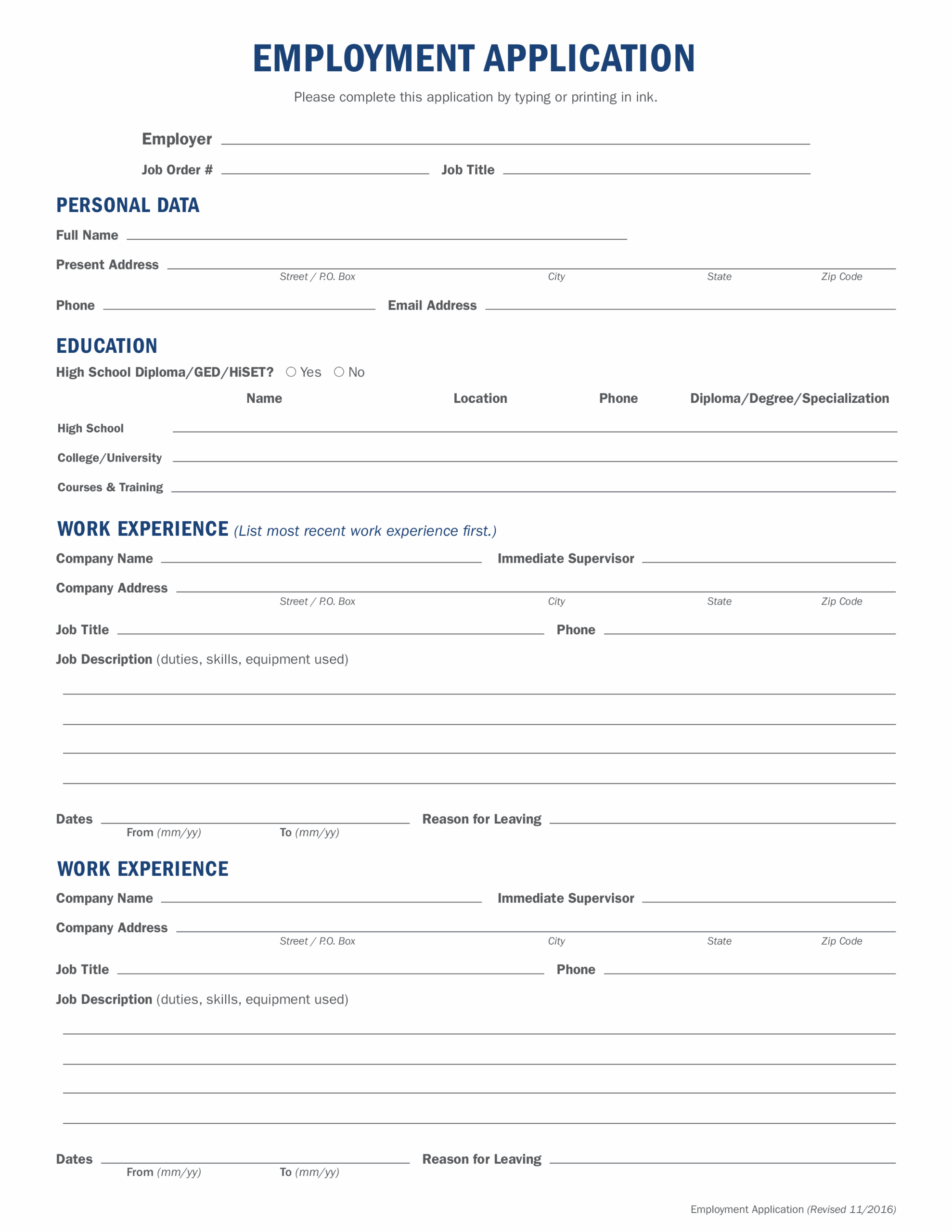 Free Printable Work Application Form Printable Forms Free Online