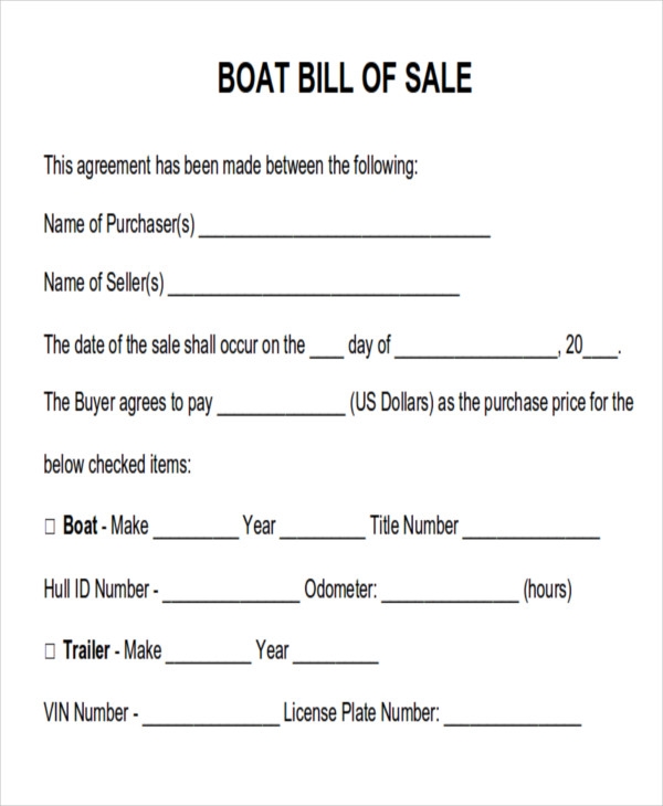 Generic Bill Of Sale Form Free Printable