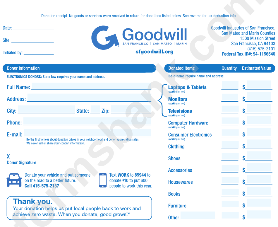 Goodwill Donation Form Printable Printable Forms Free Online