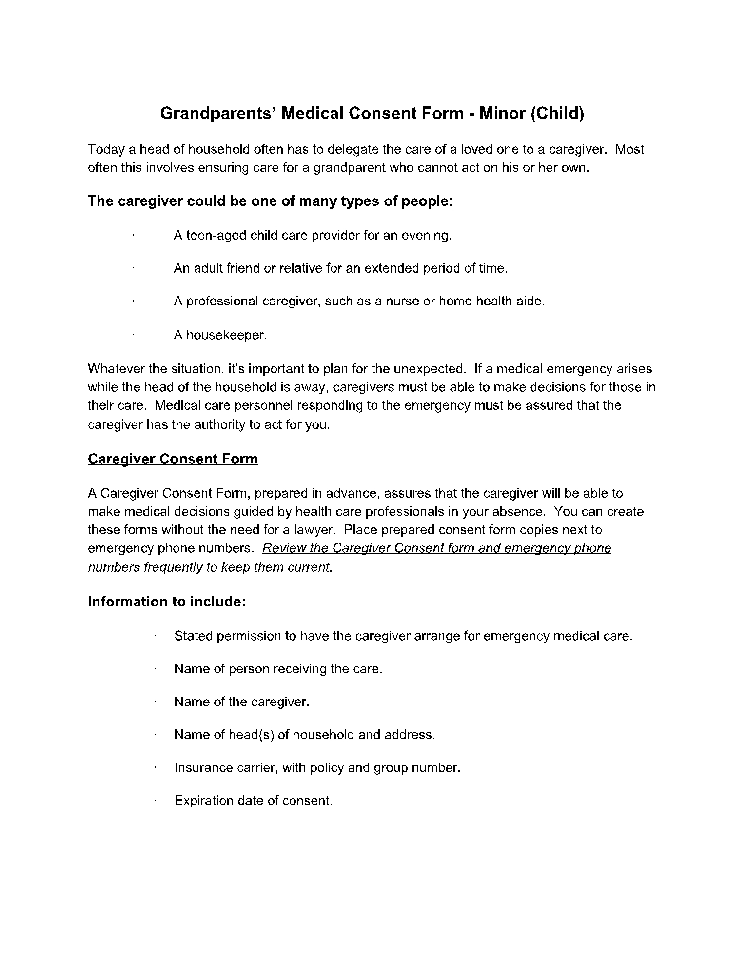Grandparent Basic Printable Medical Consent Form For Minor Printable 