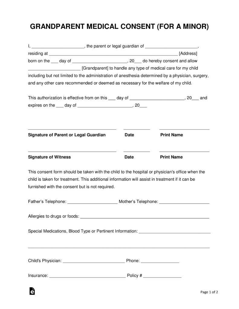 Grandparents 39 Medical Consent Form Minor Child Eforms Free 
