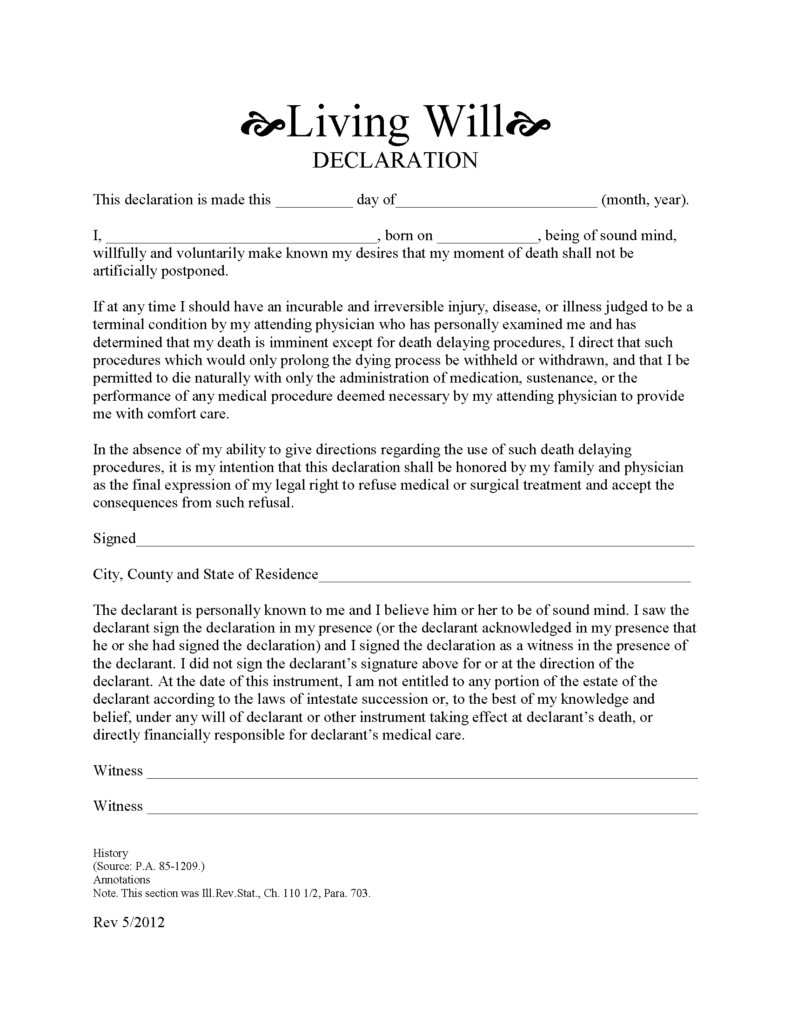 Illinois Living Will Form Fillable PDF Free Printable Living Will 