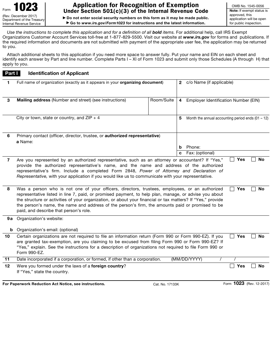 IRS Form 1023 Download Printable PDF Application For Recognition Of