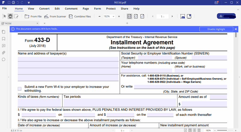 Irs Form 433 D Fillable Printable Forms Free Online
