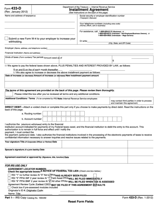 Irs Form 433 D Printable Printable Forms Free Online