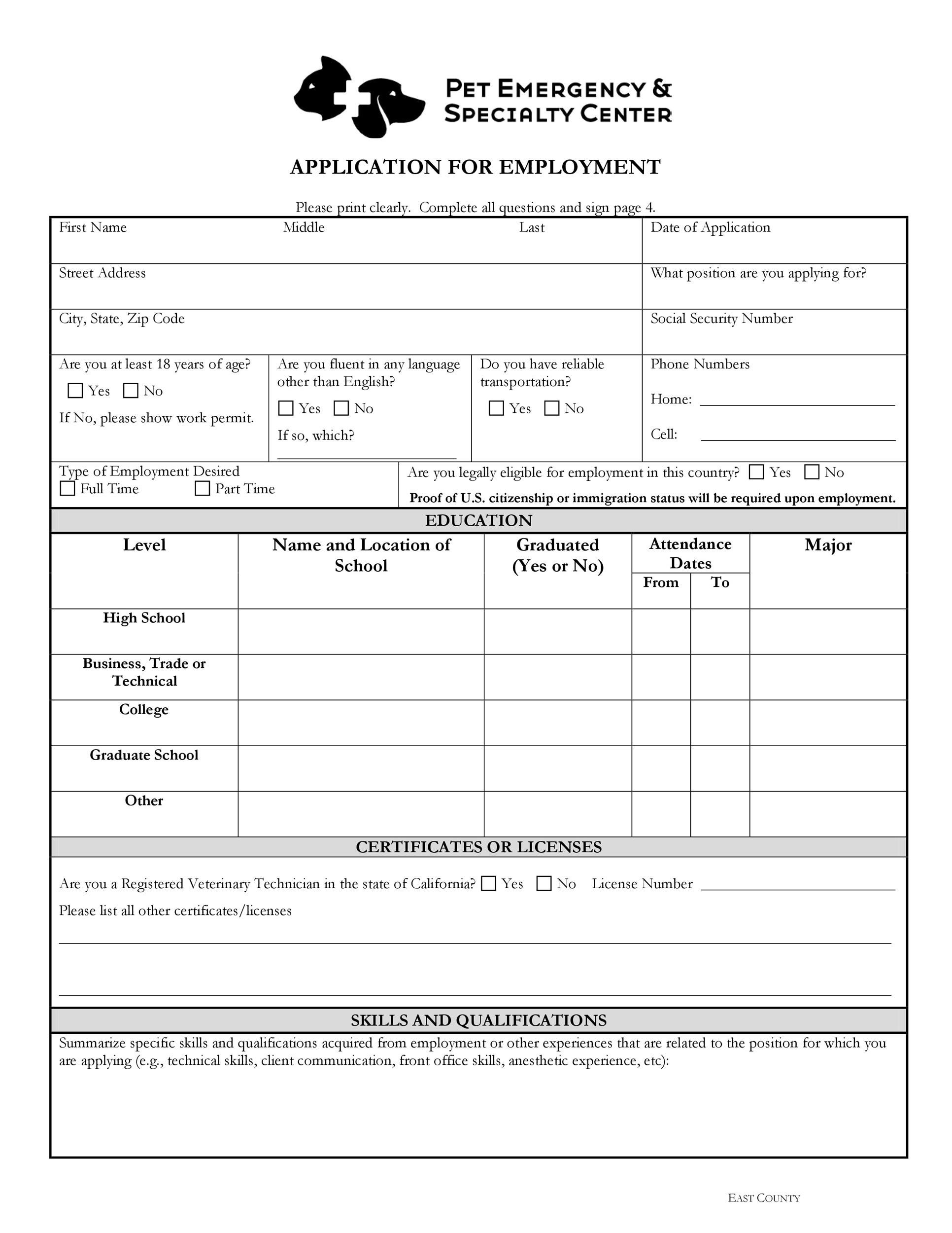Official Employment Application Printable Form Printable Forms Free 