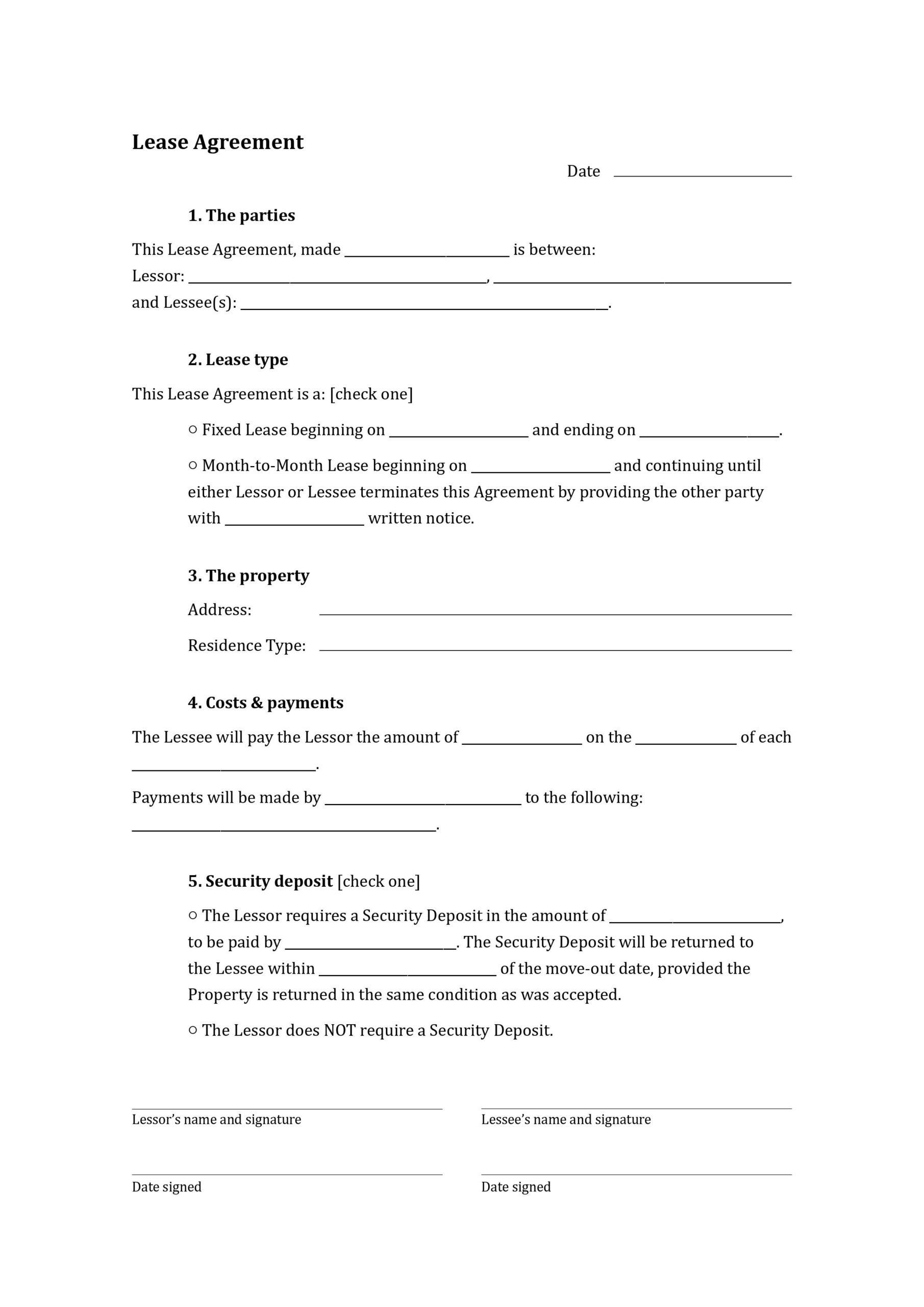 One page Lease Agreement Template