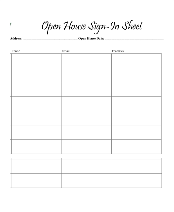 Open House Printable Sign In Sheet