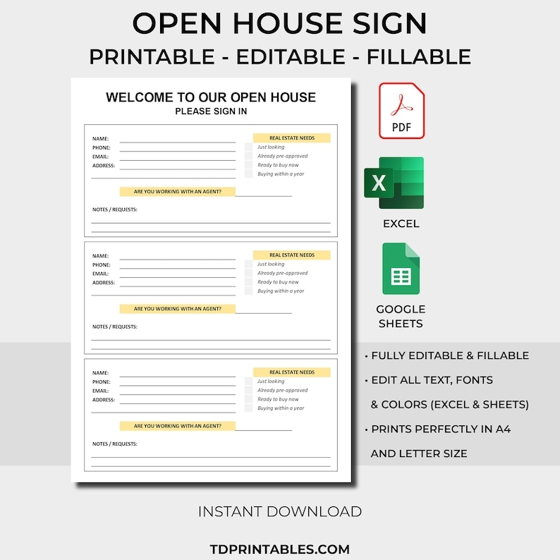 Open House Sign Sheet Printable Fillable PDF Digital Download 