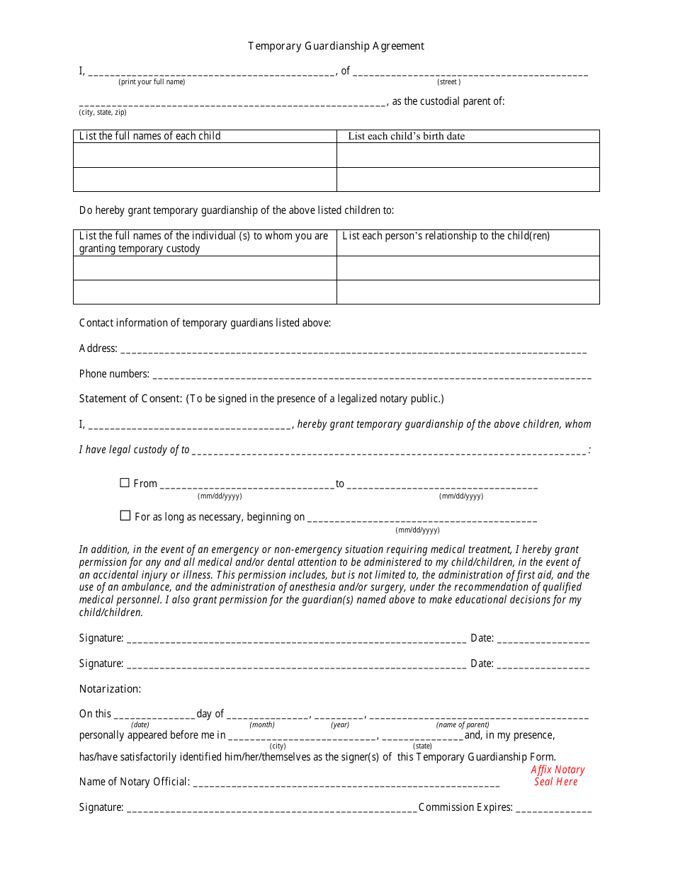 Pdf Printable Temporary Guardianship Form Printable Forms Free Online