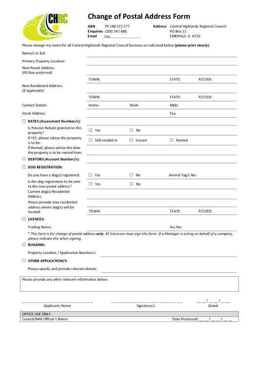 Postal Service Change Of Address Printable Form Printable Forms Free 