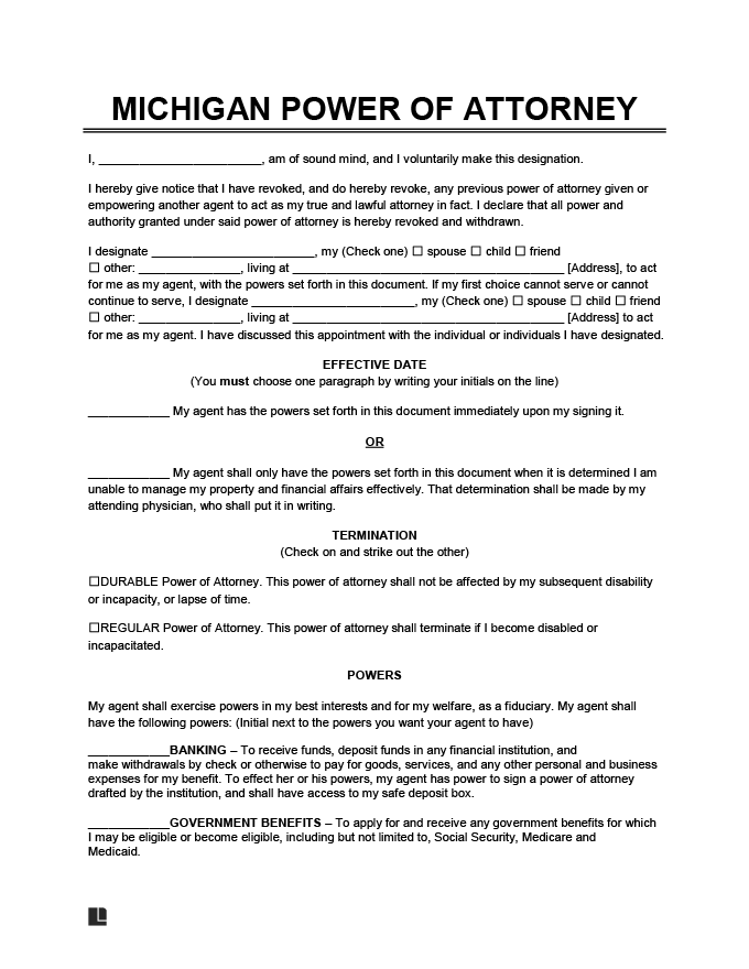 Power Of Attorney Form Free Printable Michigan Printable Forms Free 